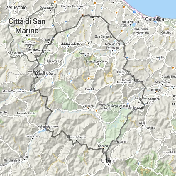Karten-Miniaturansicht der Radinspiration "Bergdörfer und Historisches" in Marche, Italy. Erstellt vom Tarmacs.app-Routenplaner für Radtouren