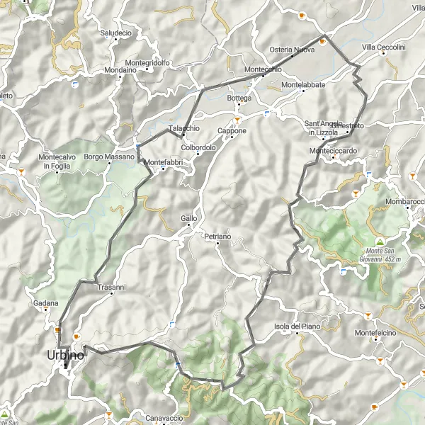 Map miniature of "Road Cycling Tour to Monte Brardo" cycling inspiration in Marche, Italy. Generated by Tarmacs.app cycling route planner