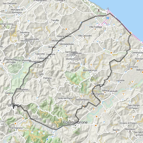 Miniatura della mappa di ispirazione al ciclismo "Ciclo delle Rocche" nella regione di Marche, Italy. Generata da Tarmacs.app, pianificatore di rotte ciclistiche