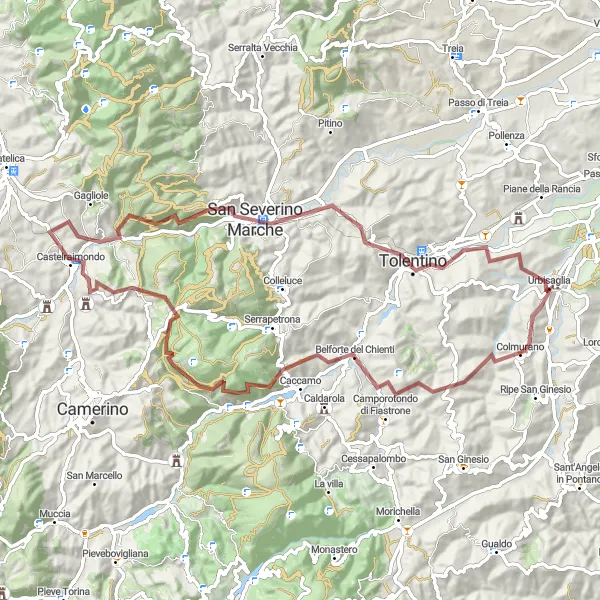 Miniatura della mappa di ispirazione al ciclismo "Giro in bicicletta da Urbisaglia a Rocca di Urbisaglia" nella regione di Marche, Italy. Generata da Tarmacs.app, pianificatore di rotte ciclistiche