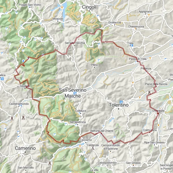 Miniatura della mappa di ispirazione al ciclismo "Esplorazione in mountain bike tra le colline marchigiane" nella regione di Marche, Italy. Generata da Tarmacs.app, pianificatore di rotte ciclistiche