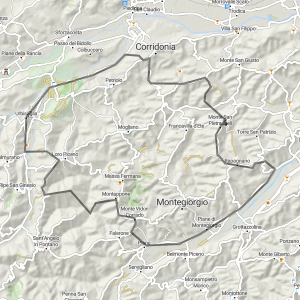 Map miniature of "Charming Villages: An Enchanting Road Cycling Route near Urbisaglia" cycling inspiration in Marche, Italy. Generated by Tarmacs.app cycling route planner