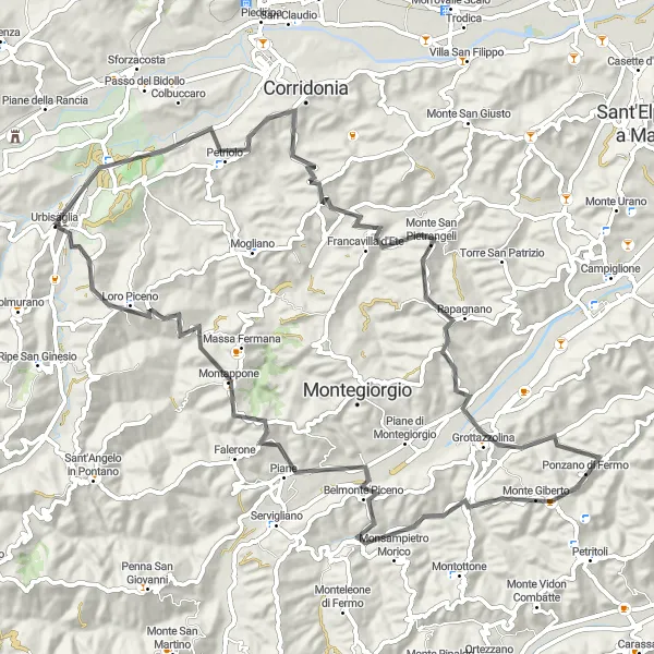 Map miniature of "Serene Landscapes: A Road Cycling Journey near Urbisaglia" cycling inspiration in Marche, Italy. Generated by Tarmacs.app cycling route planner