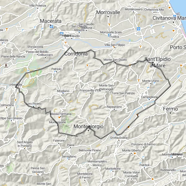 Miniatura della mappa di ispirazione al ciclismo "Avventuroso tour in bicicletta tra le Marche" nella regione di Marche, Italy. Generata da Tarmacs.app, pianificatore di rotte ciclistiche