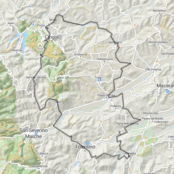 Miniatura della mappa di ispirazione al ciclismo "Giro in bicicletta da Urbisaglia a Tolentino" nella regione di Marche, Italy. Generata da Tarmacs.app, pianificatore di rotte ciclistiche