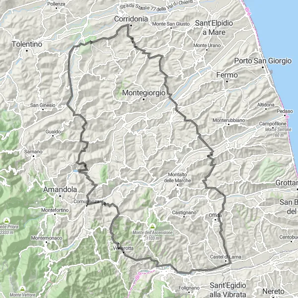 Miniatura della mappa di ispirazione al ciclismo "Viaggio in bicicletta tra le colline marchigiane" nella regione di Marche, Italy. Generata da Tarmacs.app, pianificatore di rotte ciclistiche