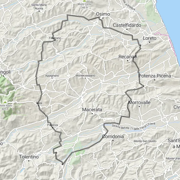 Miniatura della mappa di ispirazione al ciclismo "Giro in bicicletta da Urbisaglia a Pollenza" nella regione di Marche, Italy. Generata da Tarmacs.app, pianificatore di rotte ciclistiche