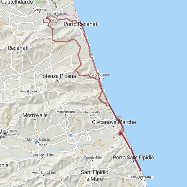 Miniatura della mappa di ispirazione al ciclismo "Il giro delle colline marchigiane" nella regione di Marche, Italy. Generata da Tarmacs.app, pianificatore di rotte ciclistiche