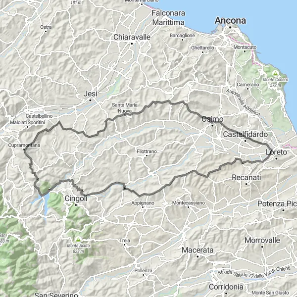 Map miniature of "Villa Musone - Cupramontana Round Trip" cycling inspiration in Marche, Italy. Generated by Tarmacs.app cycling route planner