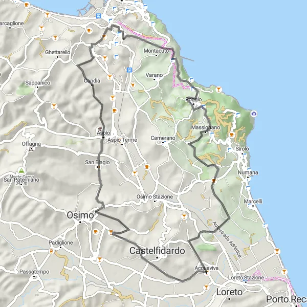 Miniatura della mappa di ispirazione al ciclismo "Giro in bici verso Monte Larciano" nella regione di Marche, Italy. Generata da Tarmacs.app, pianificatore di rotte ciclistiche