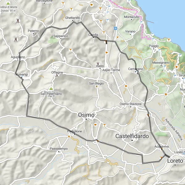 Miniatura della mappa di ispirazione al ciclismo "Anello ciclistico tra Villa Musone, Candia e Campanari" nella regione di Marche, Italy. Generata da Tarmacs.app, pianificatore di rotte ciclistiche