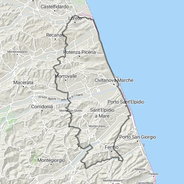 Miniatura della mappa di ispirazione al ciclismo "Cicloturismo da Villa Musone a Porto Sant'Elpidio, Fermo e oltre" nella regione di Marche, Italy. Generata da Tarmacs.app, pianificatore di rotte ciclistiche