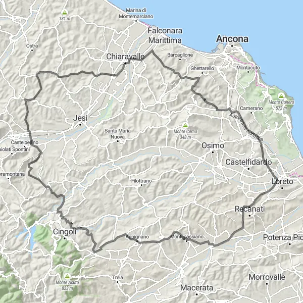 Miniatura della mappa di ispirazione al ciclismo "Esplora i colli della zona in bicicletta" nella regione di Marche, Italy. Generata da Tarmacs.app, pianificatore di rotte ciclistiche