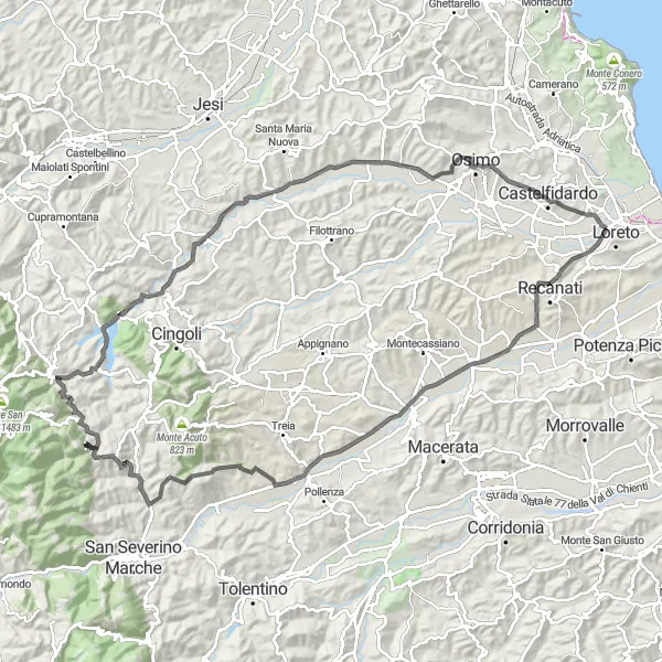 Miniatura della mappa di ispirazione al ciclismo "Tour panoramico delle colline marchigiane" nella regione di Marche, Italy. Generata da Tarmacs.app, pianificatore di rotte ciclistiche