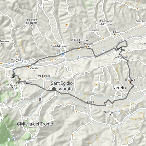 Miniatura della mappa di ispirazione al ciclismo "Giro ciclistico da Villa Pigna a Rocca di Morro" nella regione di Marche, Italy. Generata da Tarmacs.app, pianificatore di rotte ciclistiche