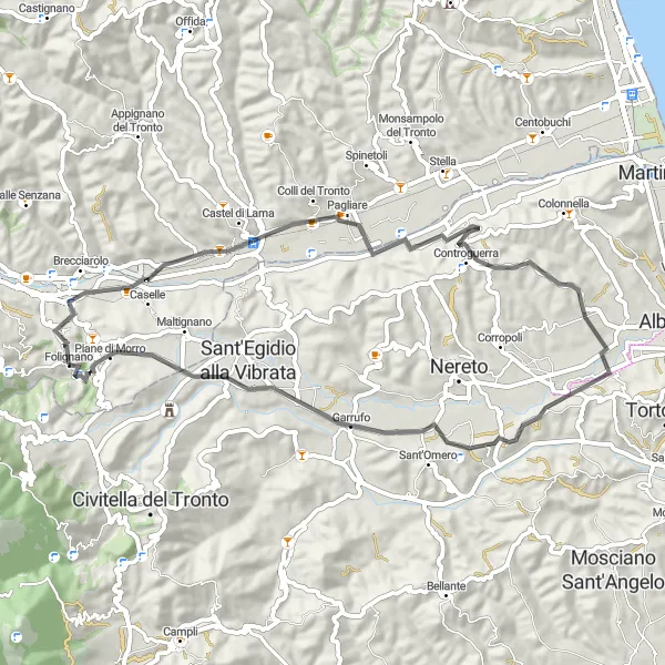 Map miniature of "Hills and Villages" cycling inspiration in Marche, Italy. Generated by Tarmacs.app cycling route planner