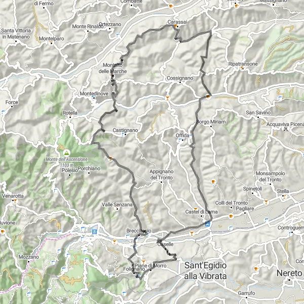 Map miniature of "Mountains and Hilltops" cycling inspiration in Marche, Italy. Generated by Tarmacs.app cycling route planner