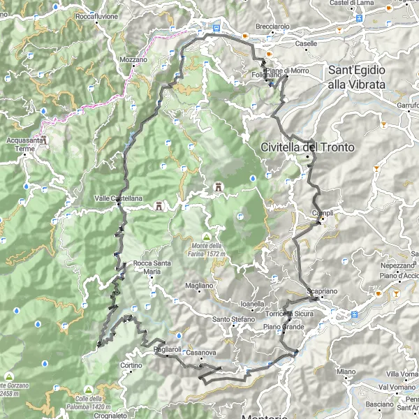 Miniatura della mappa di ispirazione al ciclismo "Avventura ciclistica da Villa Pigna a Monte Bilanciere" nella regione di Marche, Italy. Generata da Tarmacs.app, pianificatore di rotte ciclistiche