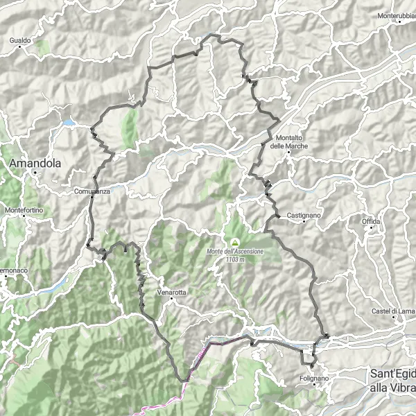 Map miniature of "From Villa Pigna to Monte San Martino" cycling inspiration in Marche, Italy. Generated by Tarmacs.app cycling route planner