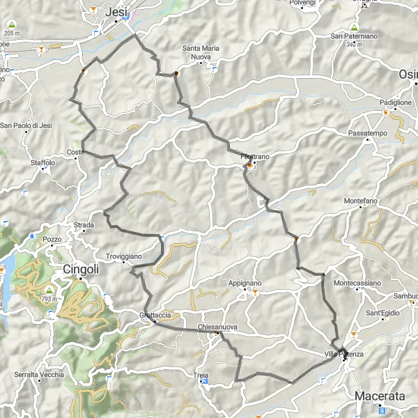 Miniature de la carte de l'inspiration cycliste "Parcours panoramique dans la campagne marchigiana" dans la Marche, Italy. Générée par le planificateur d'itinéraire cycliste Tarmacs.app