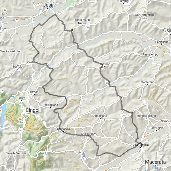 Map miniature of "Ponte Musone-Imbrecciata Circuit" cycling inspiration in Marche, Italy. Generated by Tarmacs.app cycling route planner