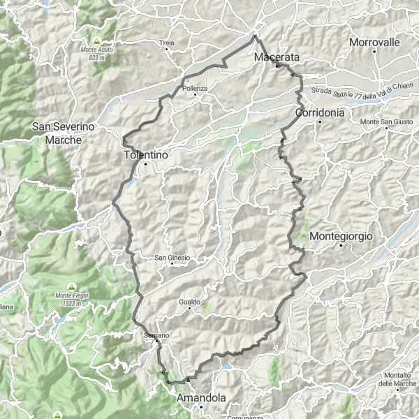 Map miniature of "The Mountain Hunter's Trail" cycling inspiration in Marche, Italy. Generated by Tarmacs.app cycling route planner