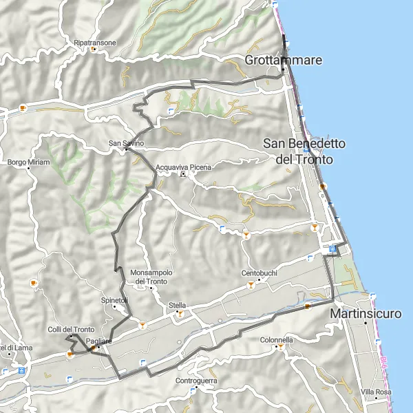 Map miniature of "Historical Gems: Torrione della battaglia to Porto d'Ascoli" cycling inspiration in Marche, Italy. Generated by Tarmacs.app cycling route planner