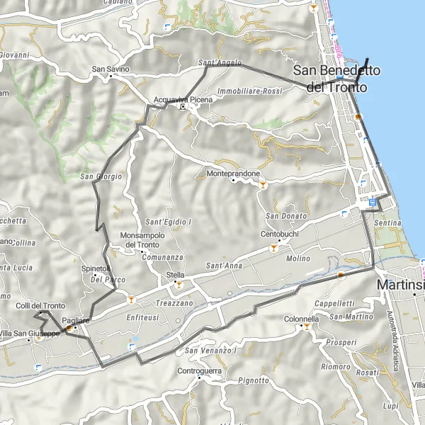 Map miniature of "Seaside Serenade: Pagliare to Porto d'Ascoli" cycling inspiration in Marche, Italy. Generated by Tarmacs.app cycling route planner