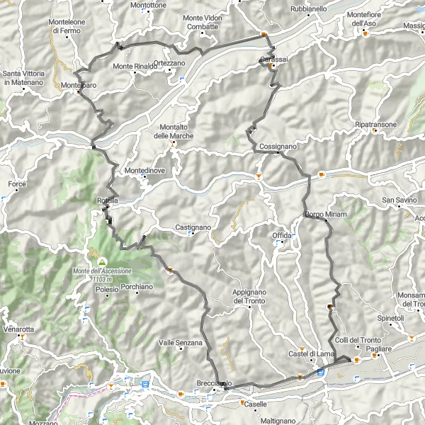 Miniatura della mappa di ispirazione al ciclismo "Sfida sul Poggio di Bretta" nella regione di Marche, Italy. Generata da Tarmacs.app, pianificatore di rotte ciclistiche