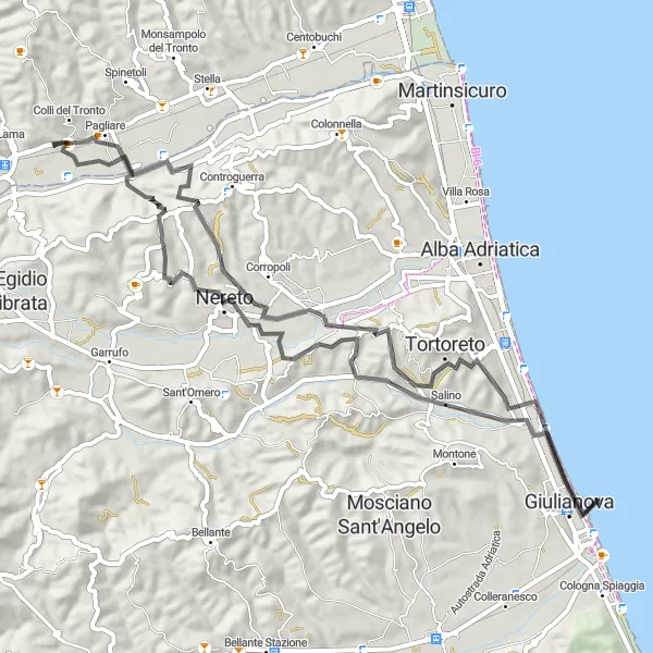 Miniatura della mappa di ispirazione al ciclismo "Giro ciclistico lungo 66km con 870m di dislivello" nella regione di Marche, Italy. Generata da Tarmacs.app, pianificatore di rotte ciclistiche