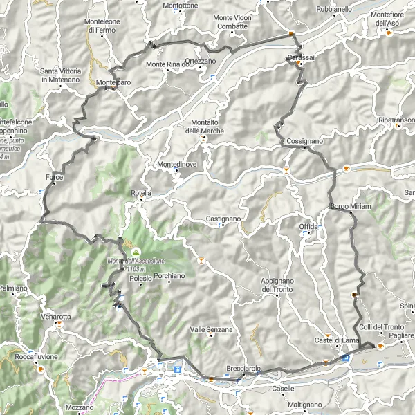 Miniatuurkaart van de fietsinspiratie "Uitdagende route met spectaculaire uitzichten" in Marche, Italy. Gemaakt door de Tarmacs.app fietsrouteplanner
