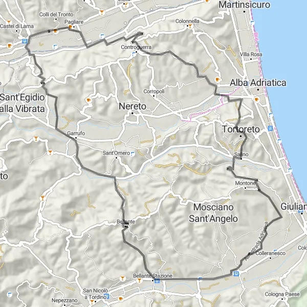 Miniatura della mappa di ispirazione al ciclismo "Giro ciclo-escursionistico di 74 km con 1198m di dislivello" nella regione di Marche, Italy. Generata da Tarmacs.app, pianificatore di rotte ciclistiche