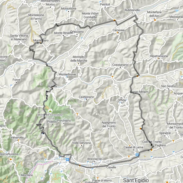 Miniatura della mappa di ispirazione al ciclismo "Avventuroso circuito di 102km con 2093m di dislivello" nella regione di Marche, Italy. Generata da Tarmacs.app, pianificatore di rotte ciclistiche