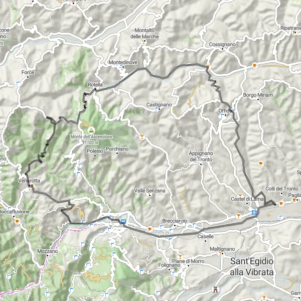 Miniatura della mappa di ispirazione al ciclismo "Città medievale di Venarotta" nella regione di Marche, Italy. Generata da Tarmacs.app, pianificatore di rotte ciclistiche