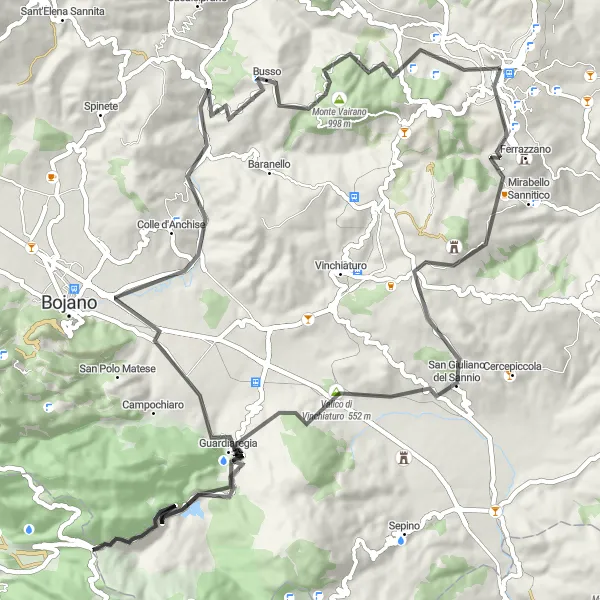 Map miniature of "Mountainous Adventure to Busso" cycling inspiration in Molise, Italy. Generated by Tarmacs.app cycling route planner