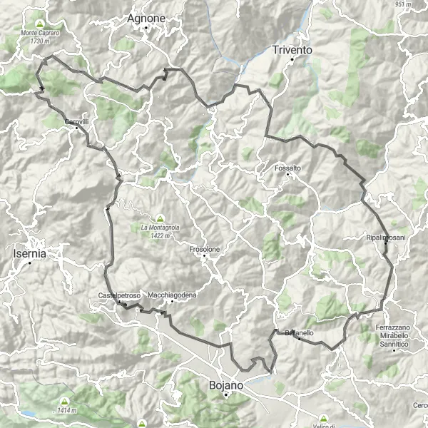 Map miniature of "Campobasso to Monte Pizzi Loop" cycling inspiration in Molise, Italy. Generated by Tarmacs.app cycling route planner
