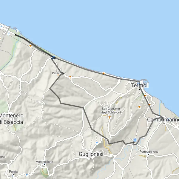 Miniatura della mappa di ispirazione al ciclismo "Circuito in bicicletta da Campomarino a Petacciato e Termoli" nella regione di Molise, Italy. Generata da Tarmacs.app, pianificatore di rotte ciclistiche