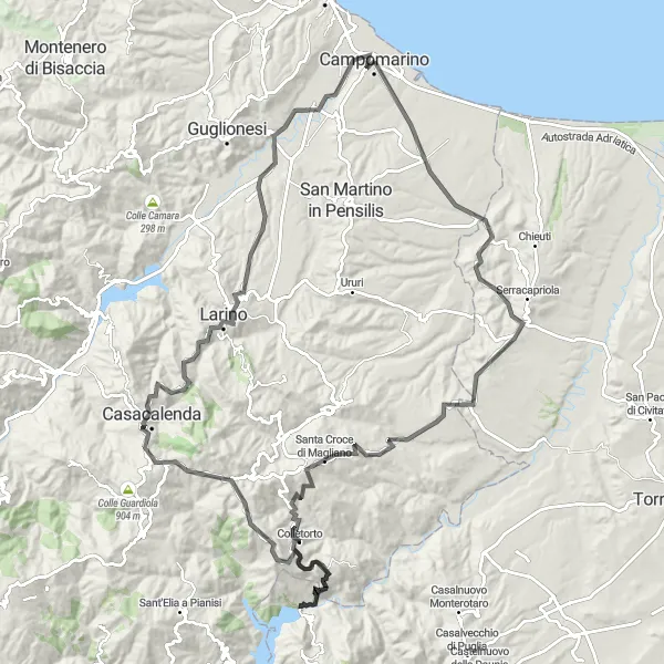 Miniatura della mappa di ispirazione al ciclismo "Giro in bicicletta da Campomarino al Monte di Pietra" nella regione di Molise, Italy. Generata da Tarmacs.app, pianificatore di rotte ciclistiche