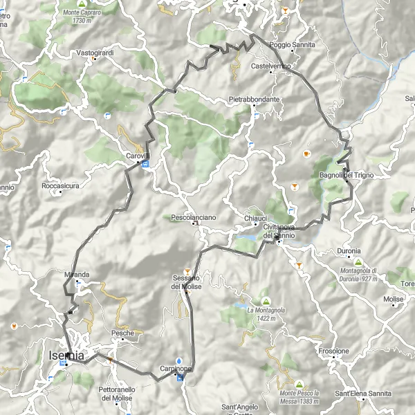 Map miniature of "Isernia Loop - Carovilli and Bagnoli del Trigno" cycling inspiration in Molise, Italy. Generated by Tarmacs.app cycling route planner