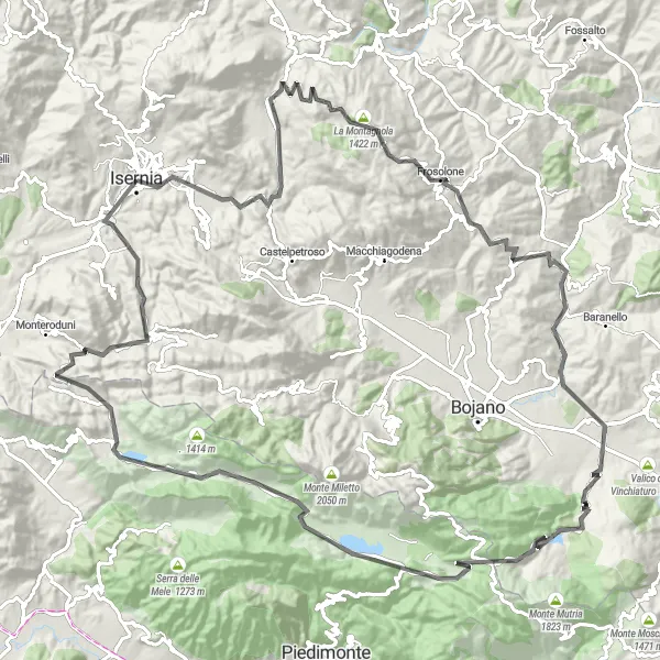 Map miniature of "Isernia Loop - Mountainous Adventure" cycling inspiration in Molise, Italy. Generated by Tarmacs.app cycling route planner