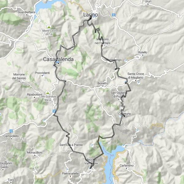 Miniatura della mappa di ispirazione al ciclismo "Giro in bici da Larino a Montorio nei Frentani" nella regione di Molise, Italy. Generata da Tarmacs.app, pianificatore di rotte ciclistiche
