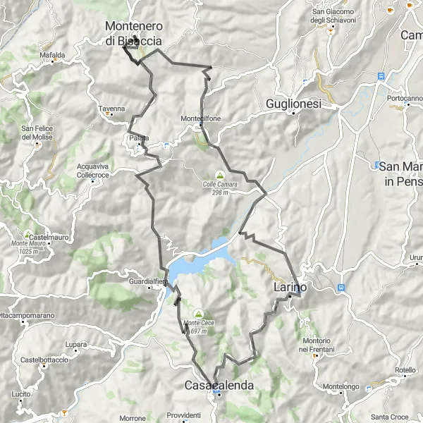 Miniatura della mappa di ispirazione al ciclismo "Tour in bicicletta tra Larino e Casacalenda" nella regione di Molise, Italy. Generata da Tarmacs.app, pianificatore di rotte ciclistiche