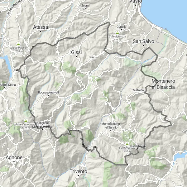 Miniatura della mappa di ispirazione al ciclismo "Escursione tra San Giovanni Lipioni e Tavenna" nella regione di Molise, Italy. Generata da Tarmacs.app, pianificatore di rotte ciclistiche