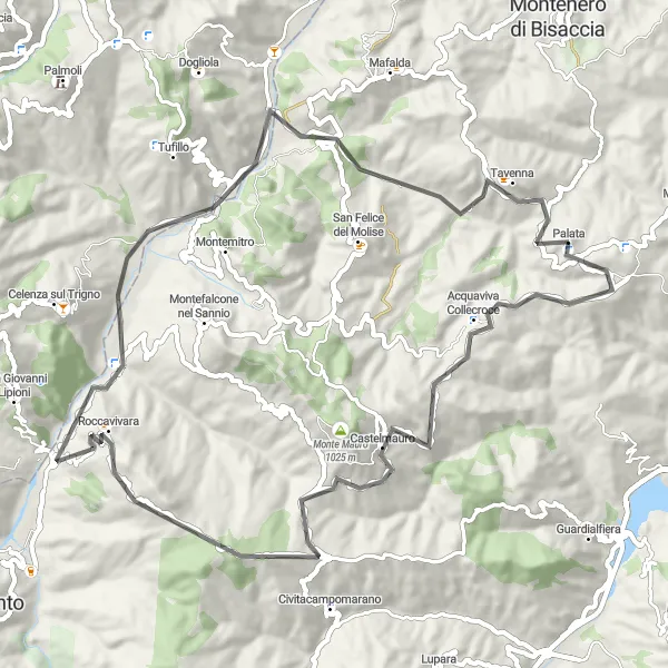 Miniatura della mappa di ispirazione al ciclismo "Monte Andrea, Roccavivara e Tavenna" nella regione di Molise, Italy. Generata da Tarmacs.app, pianificatore di rotte ciclistiche