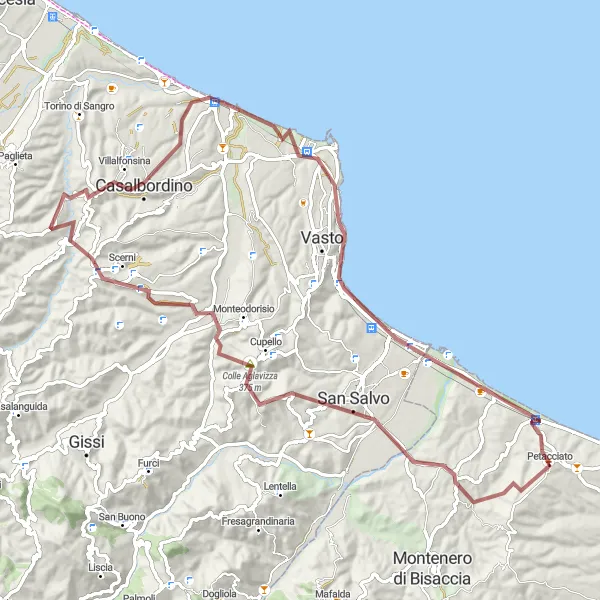 Miniatura della mappa di ispirazione al ciclismo "Percorso in mtb attraverso montagne e borghi" nella regione di Molise, Italy. Generata da Tarmacs.app, pianificatore di rotte ciclistiche