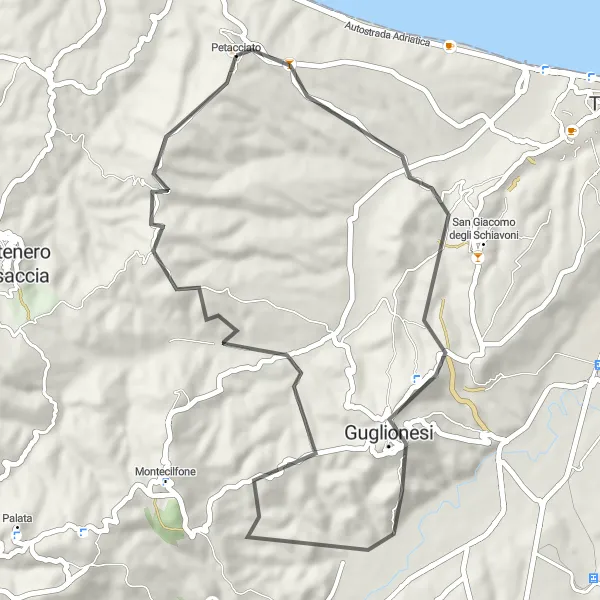 Miniatura della mappa di ispirazione al ciclismo "Tour panoramico tra colline e mare molisano" nella regione di Molise, Italy. Generata da Tarmacs.app, pianificatore di rotte ciclistiche