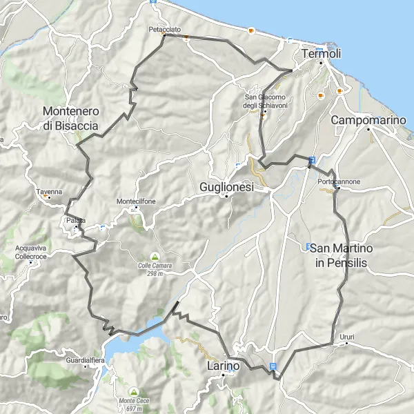 Miniatura della mappa di ispirazione al ciclismo "Esplorazione dei borghi molisani in bicicletta" nella regione di Molise, Italy. Generata da Tarmacs.app, pianificatore di rotte ciclistiche