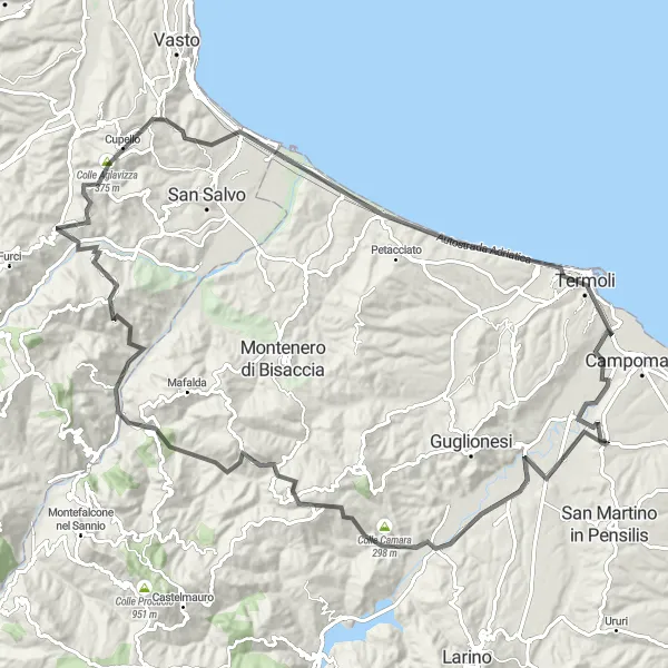 Miniatura della mappa di ispirazione al ciclismo "Circuito panoramico da Termoli a Tavenna" nella regione di Molise, Italy. Generata da Tarmacs.app, pianificatore di rotte ciclistiche