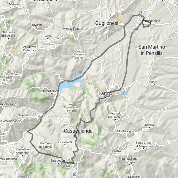Miniatura della mappa di ispirazione al ciclismo "Anfiteatro Romano - Lago di Guardialfiera Loop" nella regione di Molise, Italy. Generata da Tarmacs.app, pianificatore di rotte ciclistiche