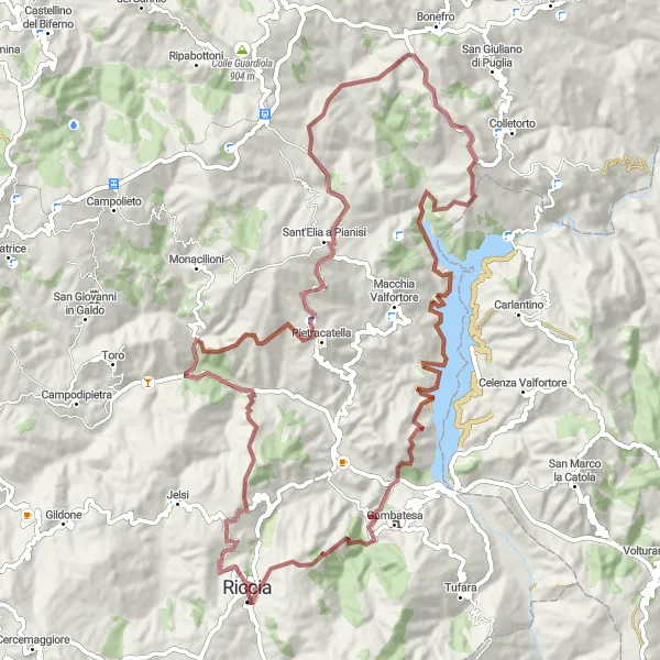 Map miniature of "Gravel Escape - Natural Wonders and Musical Heritage" cycling inspiration in Molise, Italy. Generated by Tarmacs.app cycling route planner
